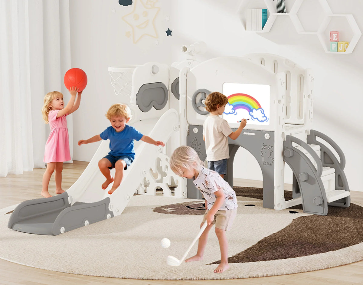 10 in 1 Toddler Slide Playset Indoor & Outdoor Playground for Kids Aged 1-3, Complete with Golf Set, Basketball Hoop, Climbing Frame, Drawing Board and Steering Wheel