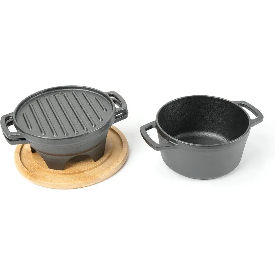 HAWOK 6 Piece Stove Set Potable Cast Iron Charcoal Grill Stove with 1QT Dutch Oven with Multipurpose Lid Five-Leg Buffet Tray M