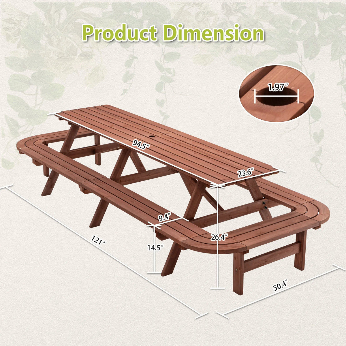 8 FT Wooden Picnic Table with Benches 14-16 Person Outdoor Patio Dining Set Large Rectangular Garden Table with Umbrella Hole Brown