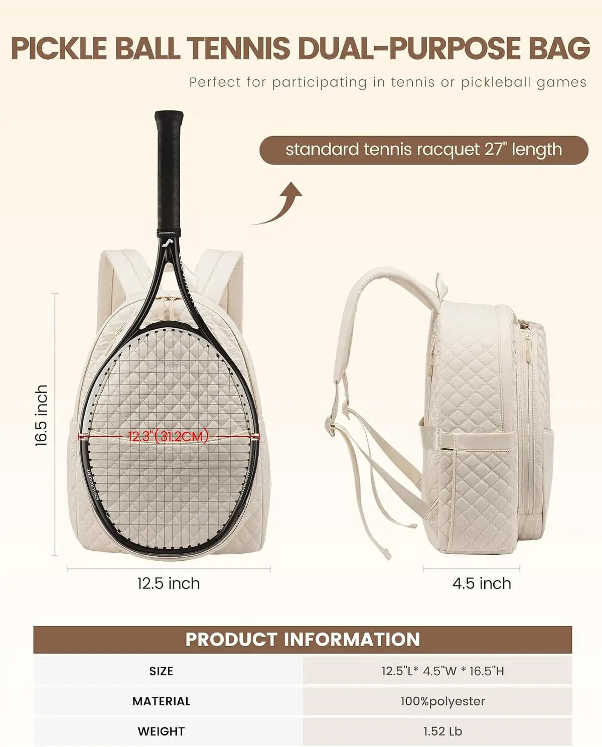 Quilted Tennis Racket Bag Backpack for Women - Large Capacity, Lightweight, Multipurpose for Tennis, Pickleball, Badminton