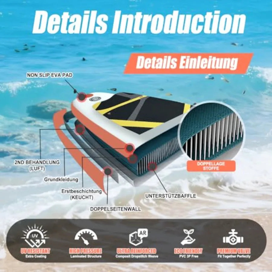 Inflatable Stand Up Paddle Board for outdoor water sports, PVC material, blue, 450LB weight capacity, wide stable non-slip EVA