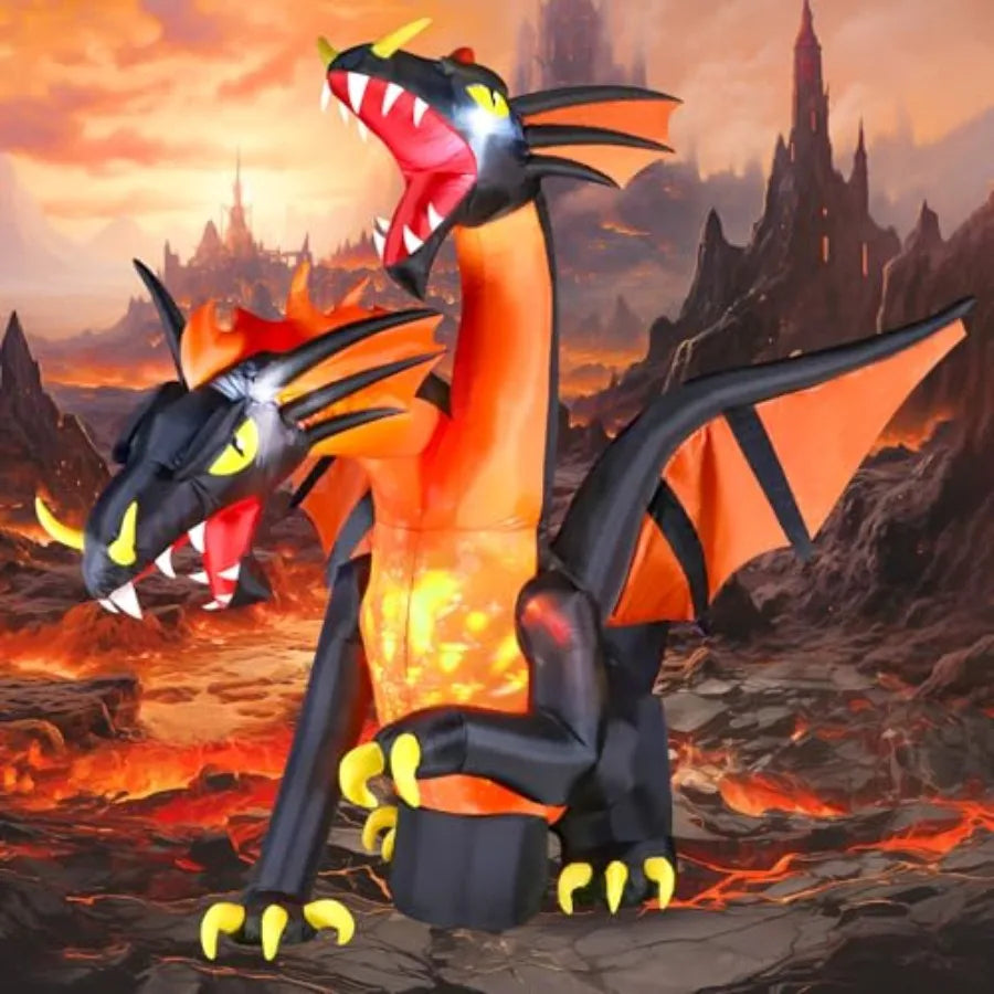 Halloween outdoor decoration: inflatable double-headed dragon, PVC material, green and red, weather-resistant with built-in bri