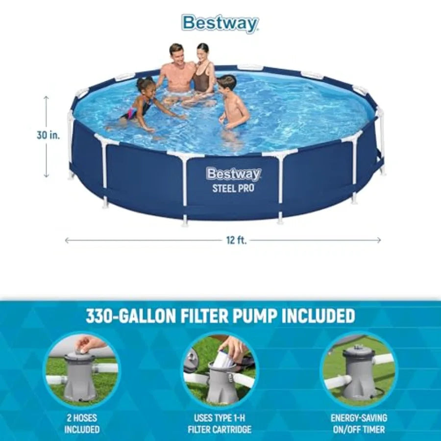 Steel Pro 12 feet x 30 inches Round Above Ground 1710 Gallon Pool Set with DuraPlus Liner 530 Gallon Pool Filter and Repair Pat