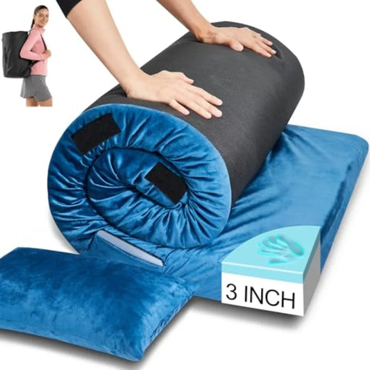 3 Inch Memory Foam Camping Mattress Pad Dual Layer Thick Sleeping Camp Mat for Sleepover Car Tent Portable Roll Up Mattress for