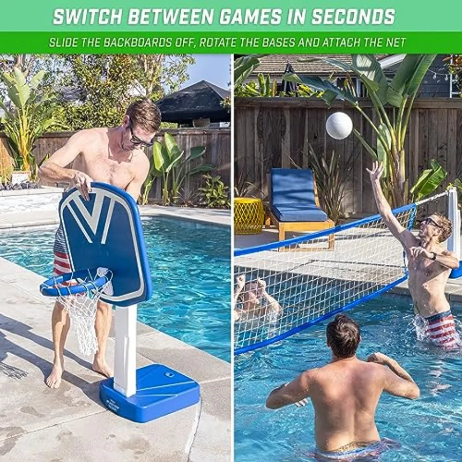 Splash Hoop 2-in-1 Full Court Pool Basketball Volleyball Game Set Durable Vinyl Material Blue and White Color Quick Setup and P