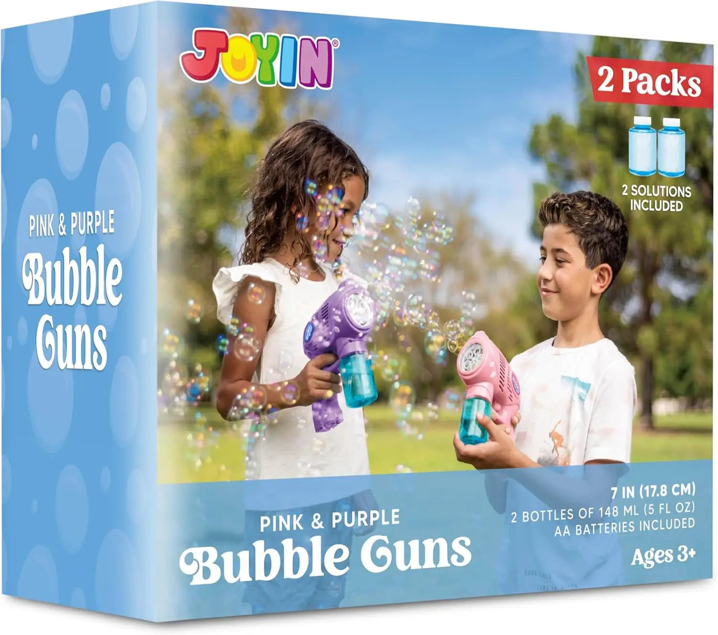 JOYFY 2 Bubble Guns with 2 Bottles Refill Solution Bubble Machine Gun for Kids Summer Party Outdoors Activity Birthday Gift