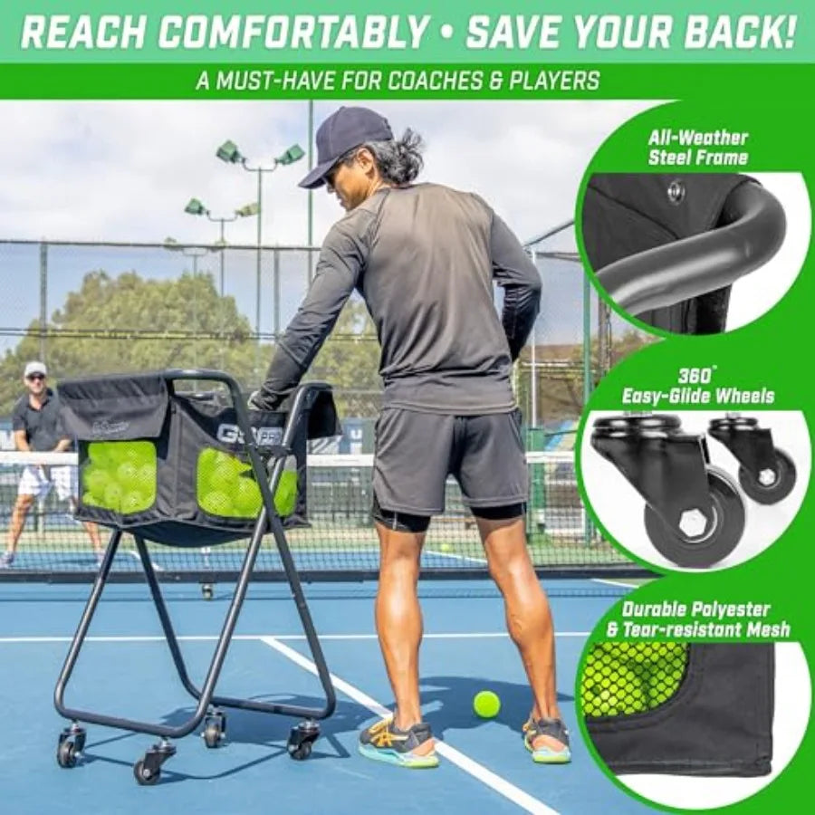 Ball Caddy with Wheels - Portable Cart for Pickleball and Tennis, Durable Plastic, Black, Holds 140 Pickleballs or 175 Tennis B