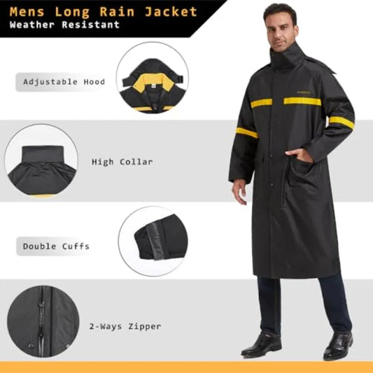 Long Rain Coats for Men Waterproof Hooded Rain Jacket Packable Rain Gear for Outdoor Activity and Work