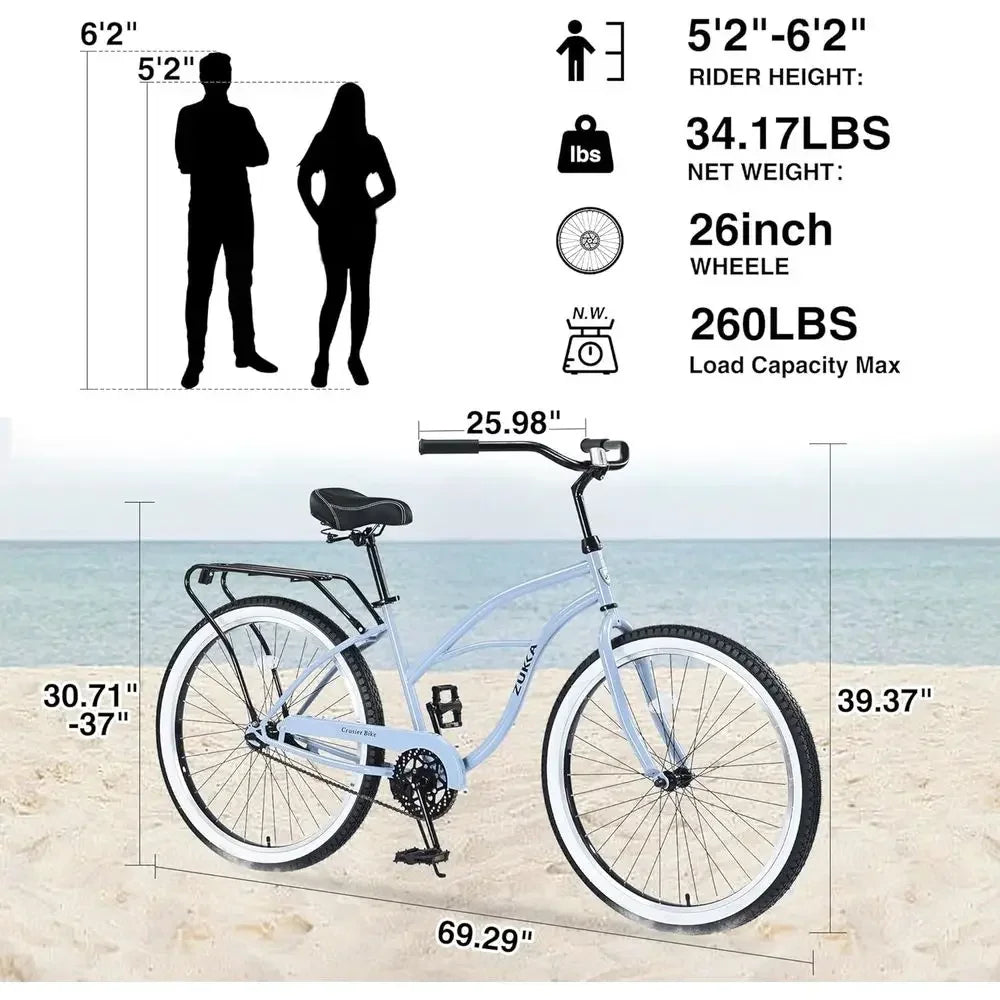26 Adult Beach Cruiser Bicycle - Single Speed, Wide Tires for Stability, Rear Brake Options