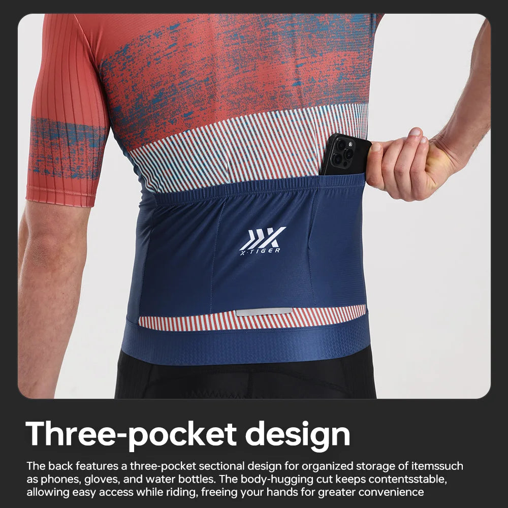 X-TIGER Summer Short Sleeve Cycling Jersey Breathable Quick Dry Bicycle Top with 3 Rear Pockets Anti-slip Hem SBS Zipper for Road MTB Cycling Clothes for Men