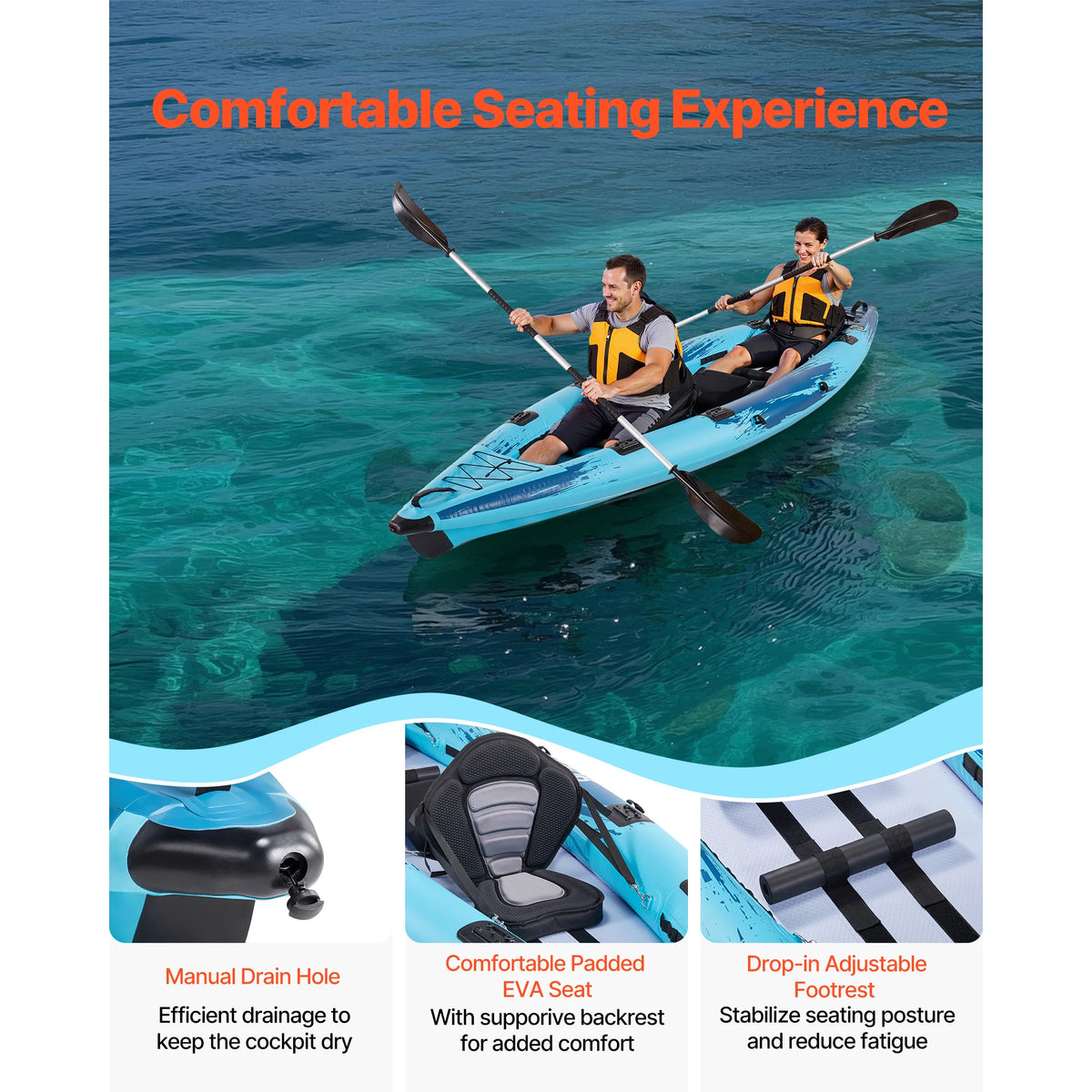 SucceBuy 700LBS Inflatable Kayak 2-Person Inflatable Recreational Kayak Leak & Puncture-Resistant with Padded Seat for Fishing