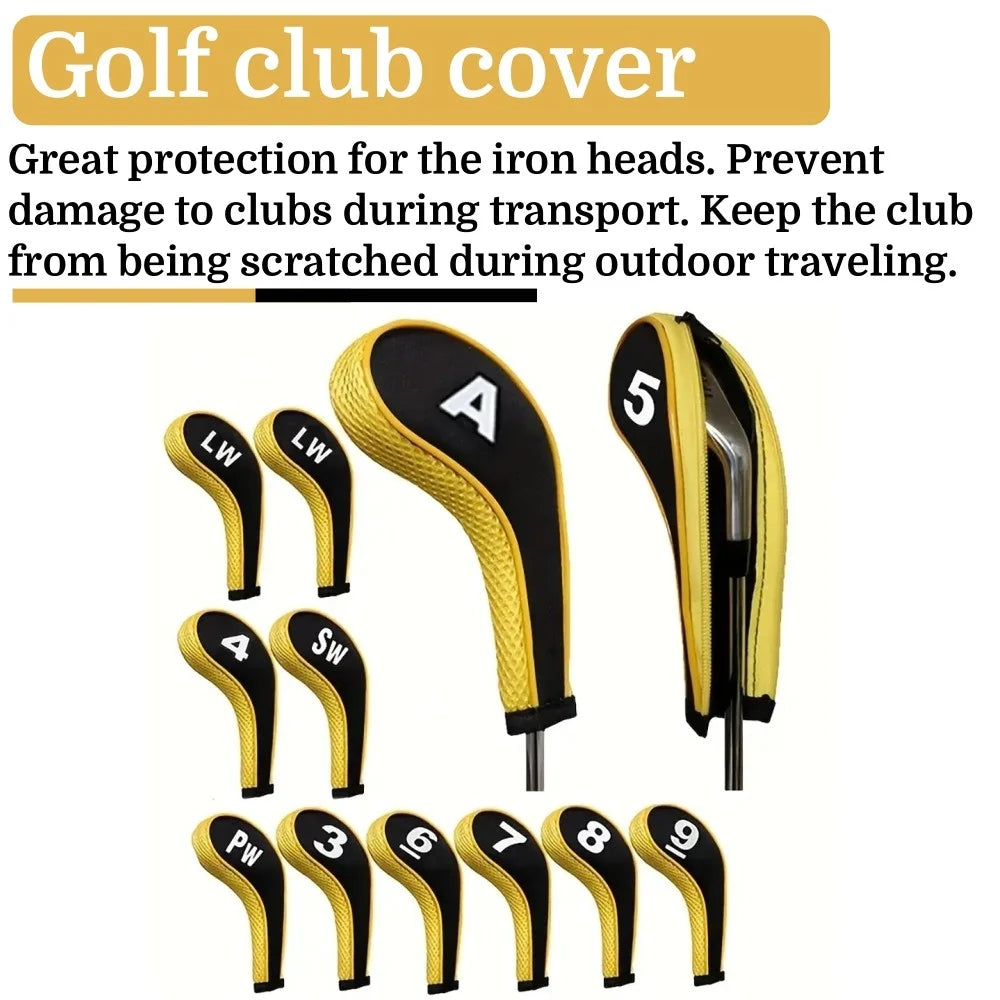 Complete Golf Club Protection Set – 12 Neoprene Covers with Number Print Zippered Driver Head & Long Neck for All Irons
