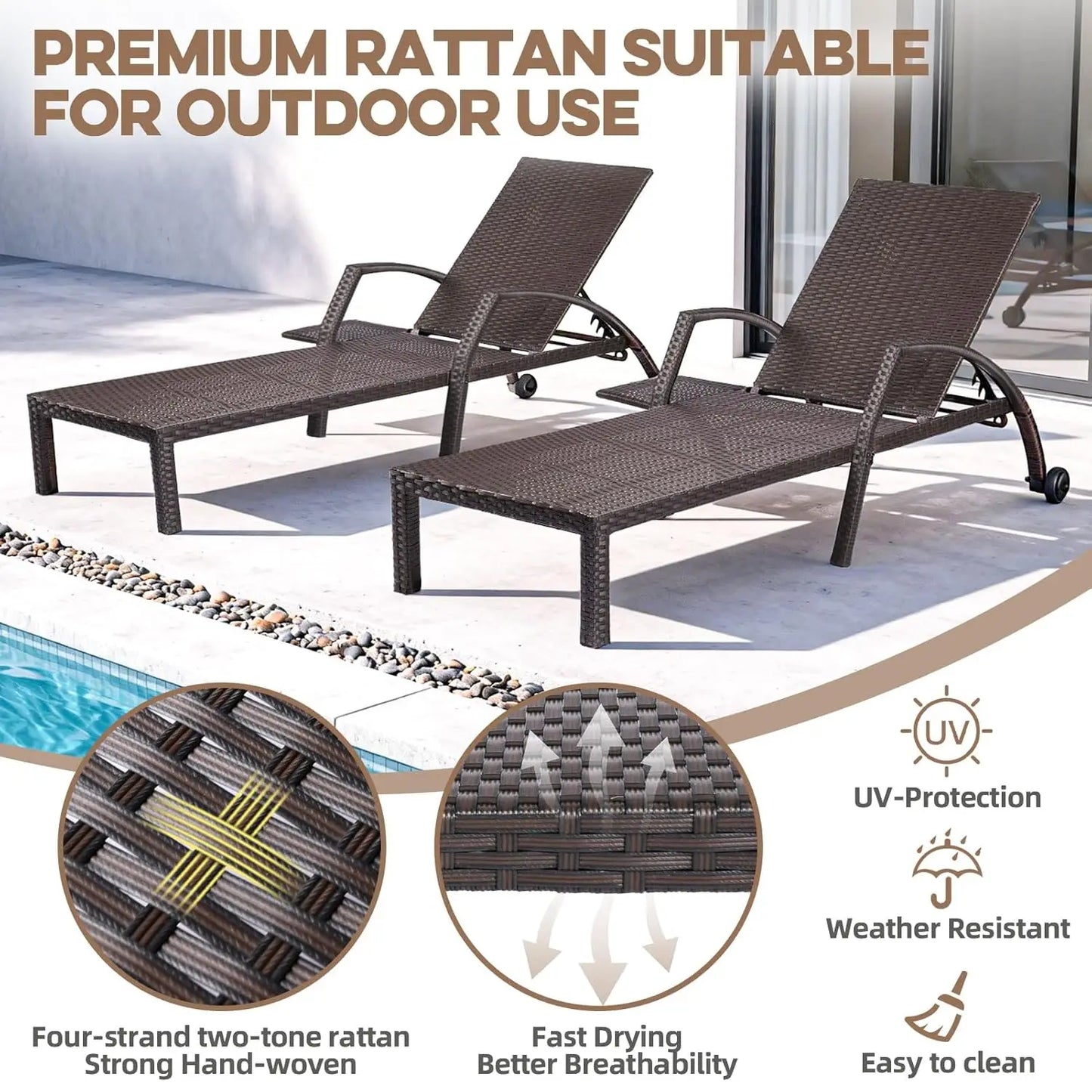 Patio Chaise Lounge Chairs Set of 2 Wicker Pool Lounge Chairs Outdoor with 5 Adjustable Back & Removable Cushion &, Customized