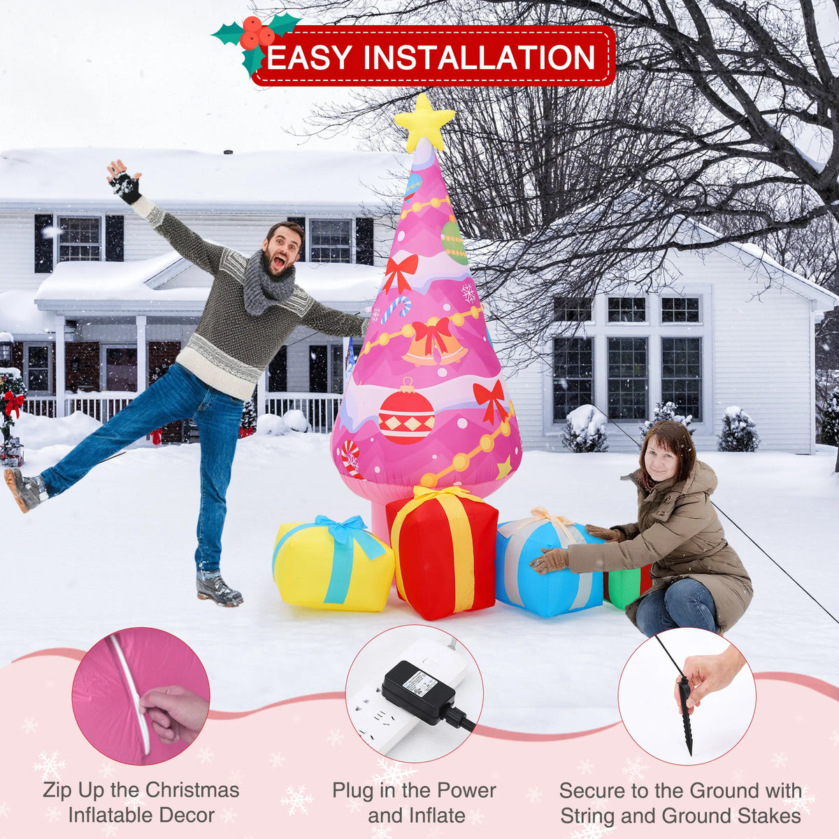 7.1ft Pink Christmas Tree Inflatable Outdoor Yard Decor With Led Lights And 4 Gift Boxes, Blow Up Holiday Decoration For Lawn Garden