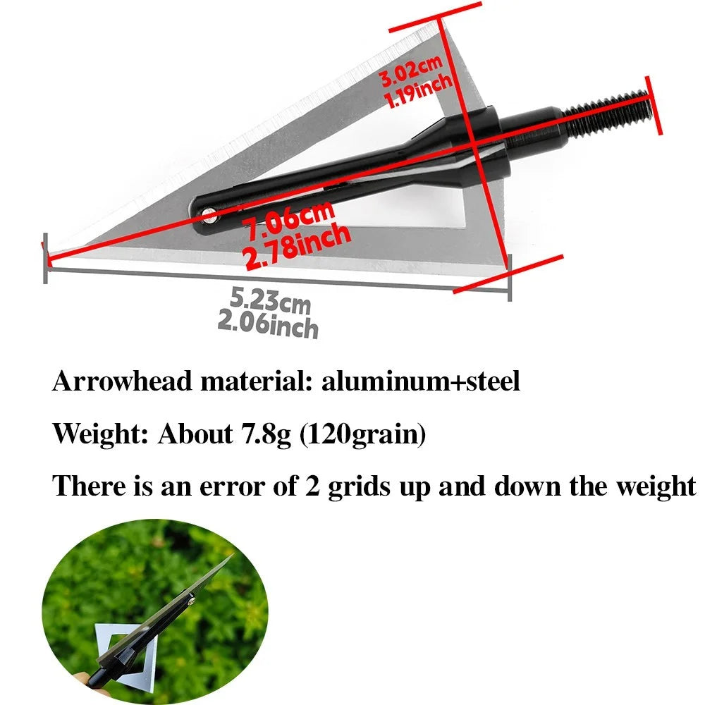 Archery Broadheads 12pcs 120grain Screw-in Aluminum Steel Arrowheads Durable Sharp Blade Tips for DIY Arrow Shaft Compound Recurve Bow Hunting Shooting Target Practice Outdoor Sports Accessories