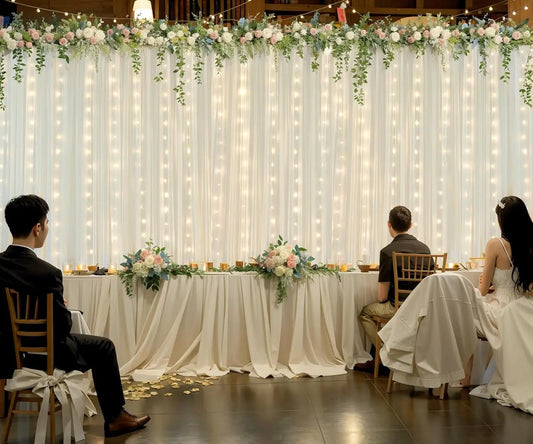 10 Panels-5ft x 10ft Ivory Chiffon Backdrop Curtain with Lights String for Parites Wedding Wrinkle Free Curtain Photo Backdrops