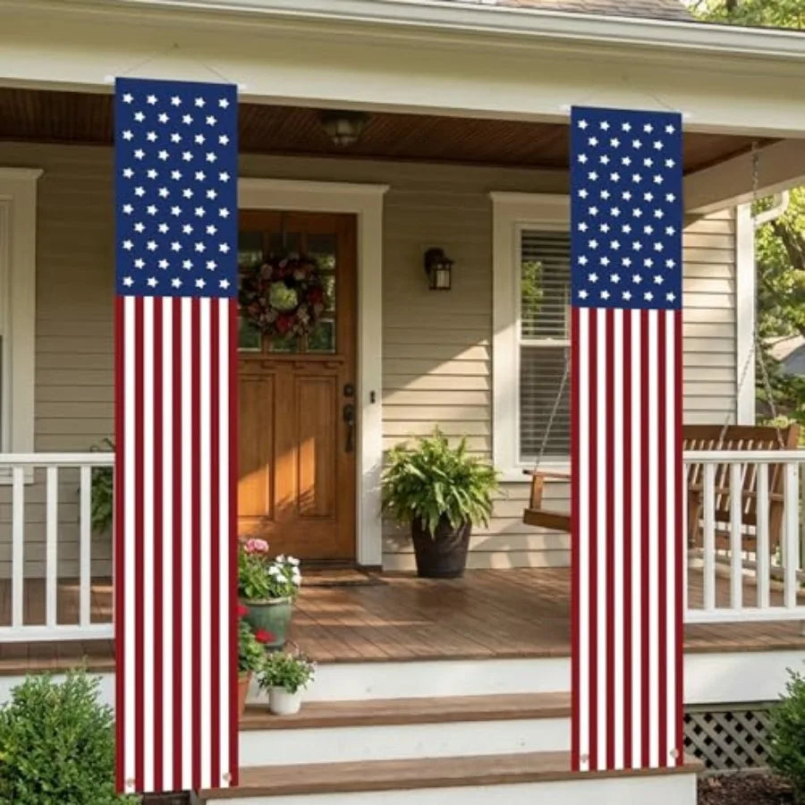 Pair 4th of July Patriotic Porch Banners, American Flag Hanging Decorations for Outdoor Indoor Use, Red White Blue Signs for Me