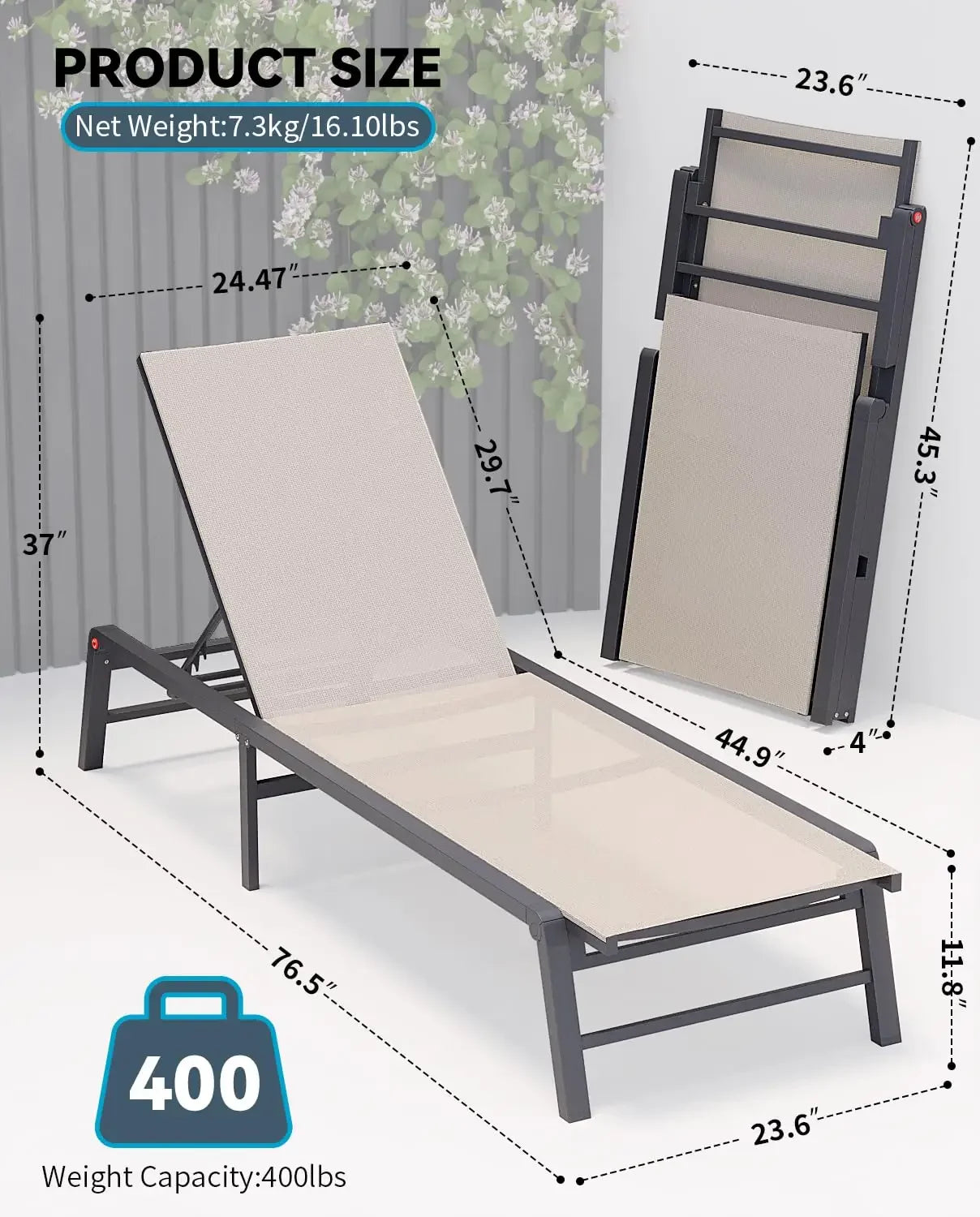 Aluminum Chaise Lounge Chair Outdoor, Foldable Patio Lounge Chair 2 Sets Assemble-Free, Pool Lounge Chairs with 5, Customized
