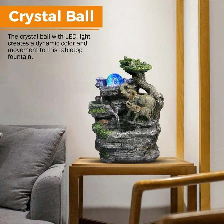 Tabletop Fountain,Relaxation Water Feature Feng Shui Indoor Fountain of Elephant Sculpture with Colorful Spinning Ball for Home