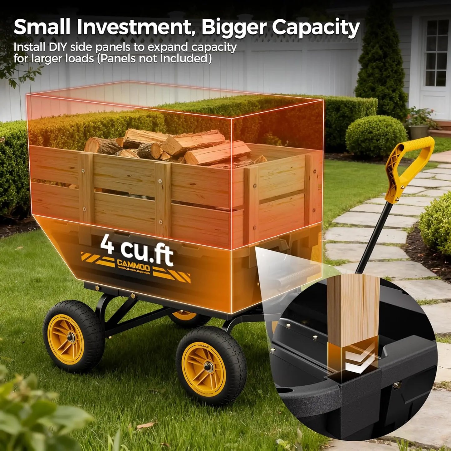 10in NO-FLAT TIRES 900lb Heavy-Duty Garden Dump Cart DIY Expandable Capacity Over 4 Cu.Ft. Utility Wagon