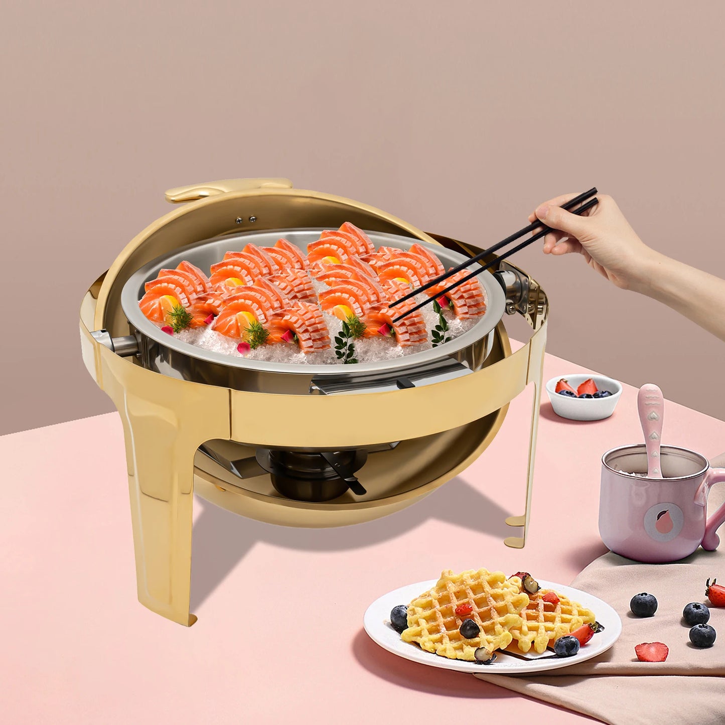 Single Compartment Buffet Chafing Dish, Gold, Round Buffet Warmer with Glass Lid, Food Warmer for Catering, Party