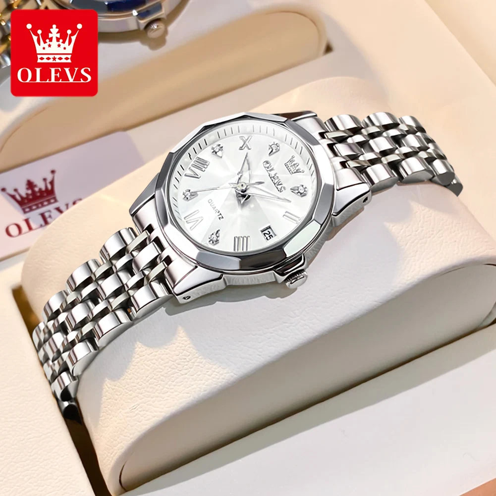 OLEVS 9931 Quartz Women Watch Original Stainless Steel Dual Calendar Luxury Top Brand Waterproof Ladies Watches Jewelry Set Hot