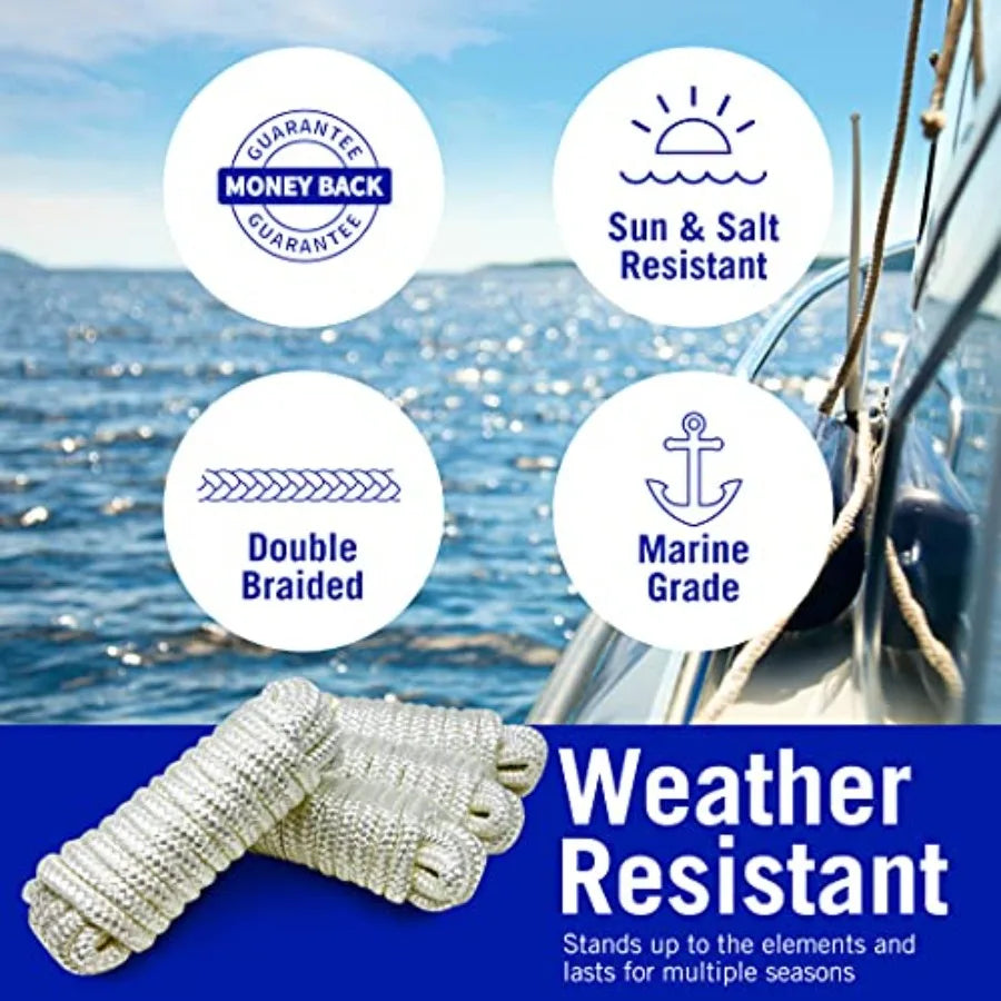 Dock Lines for Boats 4 Pack Double Braided Nylon Boat Rope with 12" Loop Marine Grade Mooring Line for Docking White