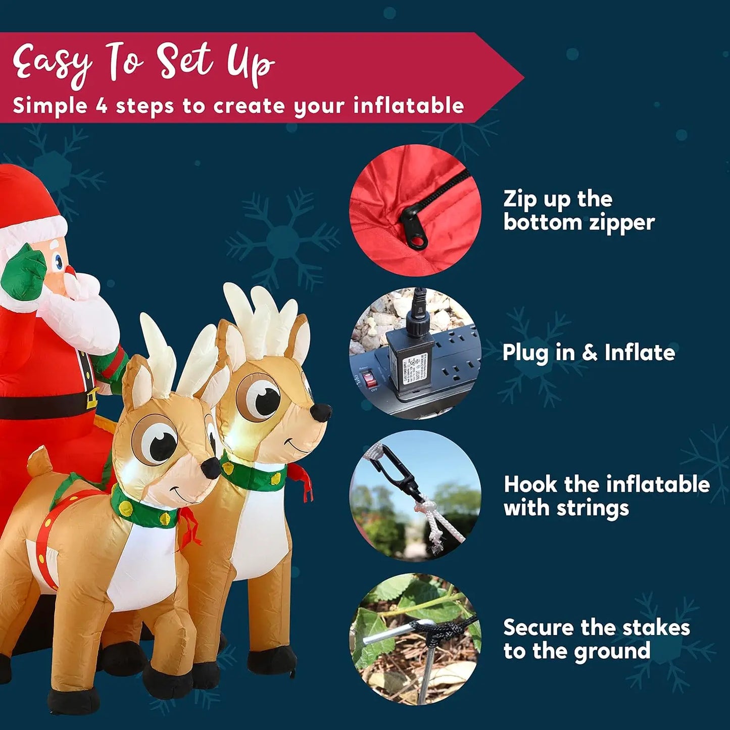 JOYFY 6 FT Long Christmas Santa on Sleigh with 2 Reindeer Inflatable Christmas with Build-in LED for Xmas Party Lawn Decorations