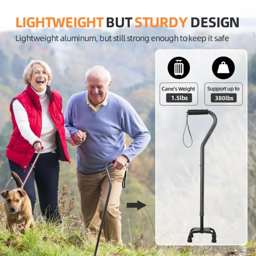Quad Cane Adjustable Walking Cane with Offset Soft Cushioned Handle for Men and Women Lightweight Comfortable with 4-Pronged fe