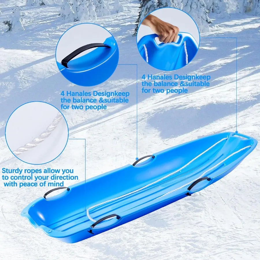 Outdoor Plastic Snow Sled for Adults and 48in with Pull Rope and 4 Handles Blue