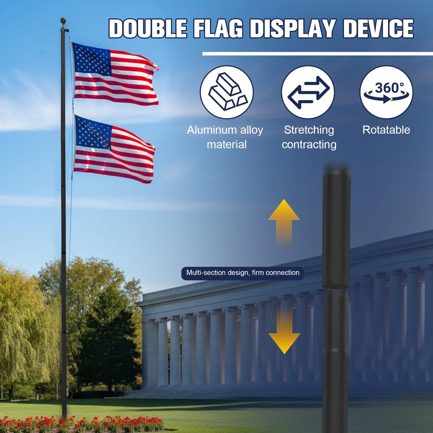 Aluminum Alloy Flag Poles Extra Thick Heavy Duty Flag Pole Holder with 360° Rotating Rings Clip for Residential Outdoor Porch