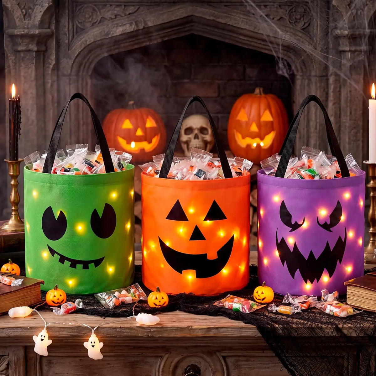 3 PCS Light Up Halloween Pumpkin Bucket 10 x 11.8 in LED Trick or Treat Bucket Orange Green Purple Reusable Goody Candy Bucket Bags for Kids Trick or Treating Party Favor Supplies
