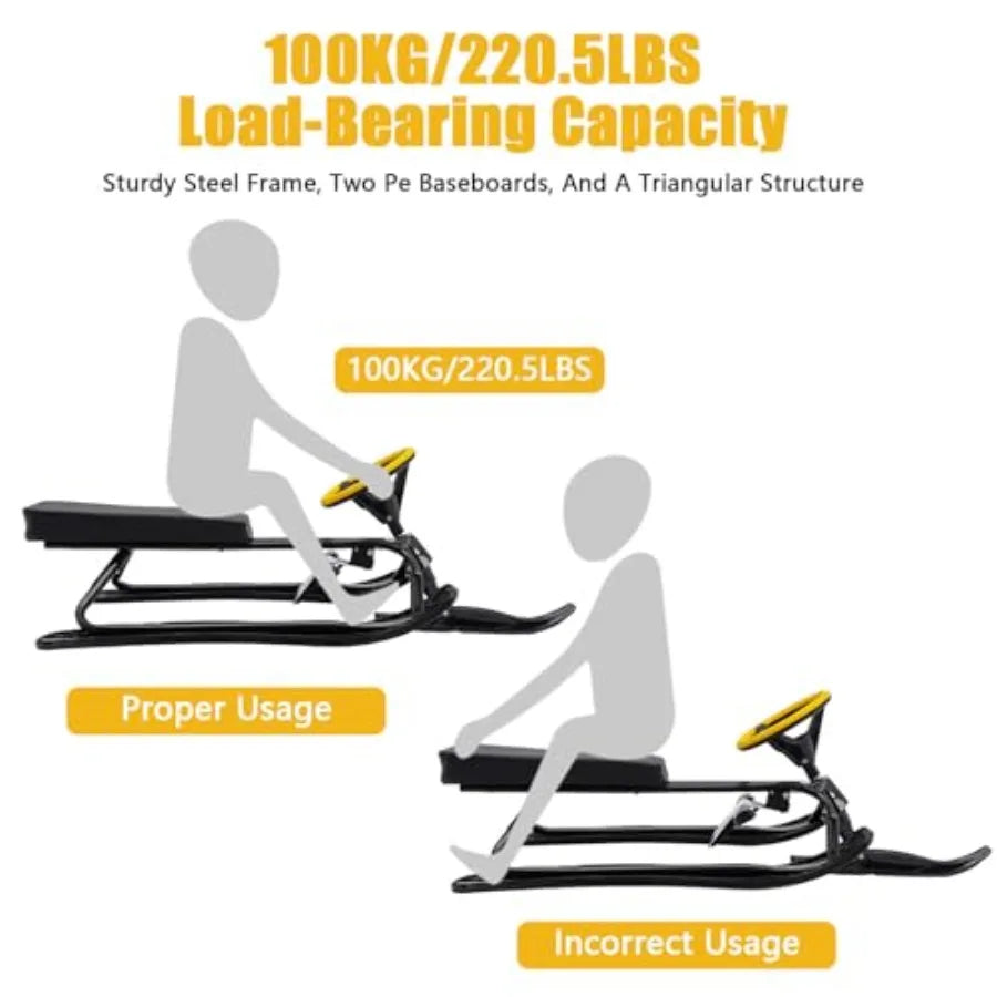 220.5LBS Load Snow Racer Sled Kart Ski Sled Slider Board w/Foot Brakes 31.1In Baseboard Steel Frame Skiing Ride Outdoor Winter