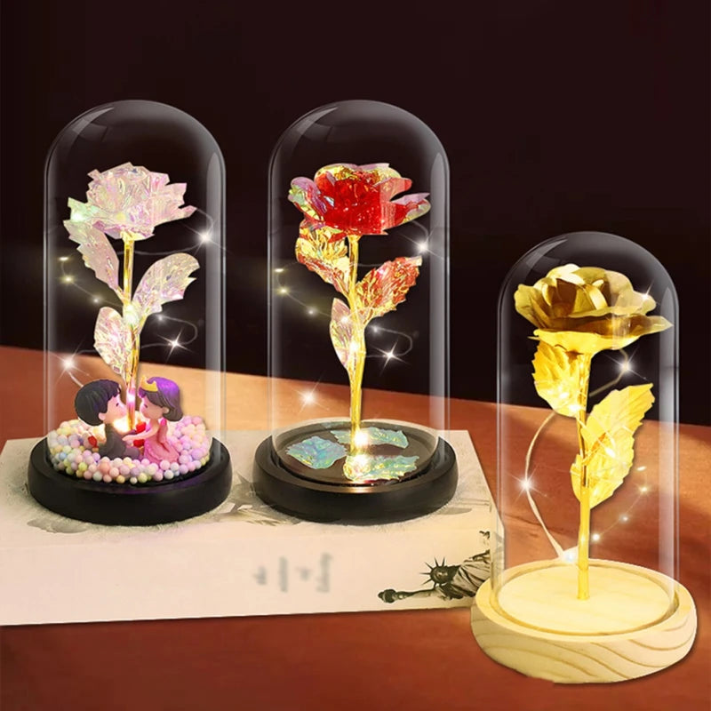 LED Rose Artificial Flowers Glass Lampshade Mother's Day Valentine's Gift Eternal Rose Light Foil Fake Flower Wedding Home Decor