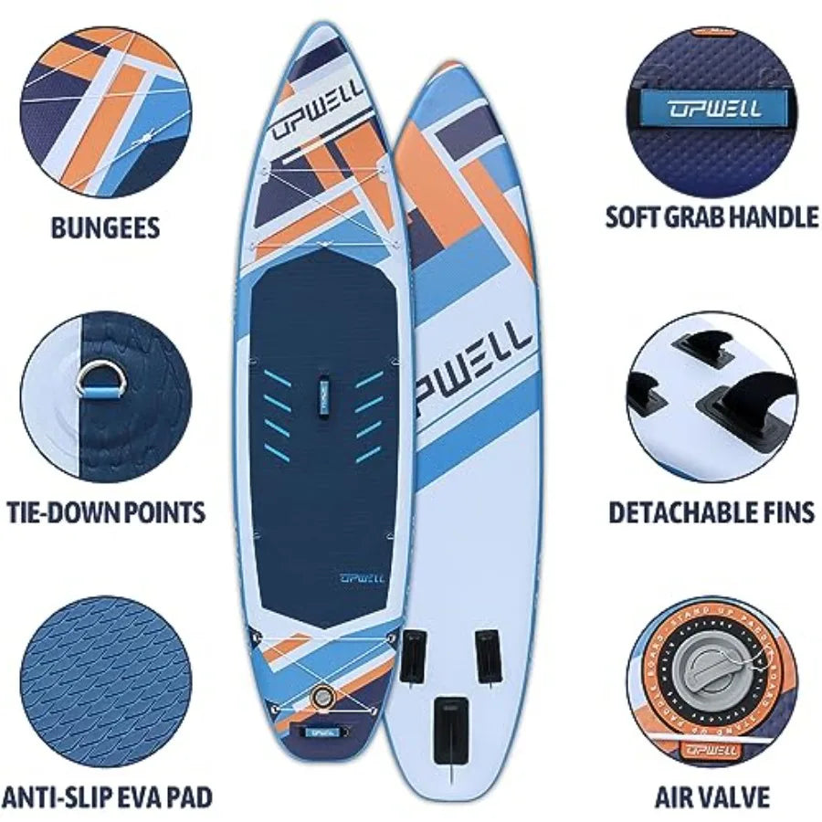 Inflatable Stand Up Paddle Board for outdoor water sports, durable PVC material, blue color, includes backpack, repair kit, non