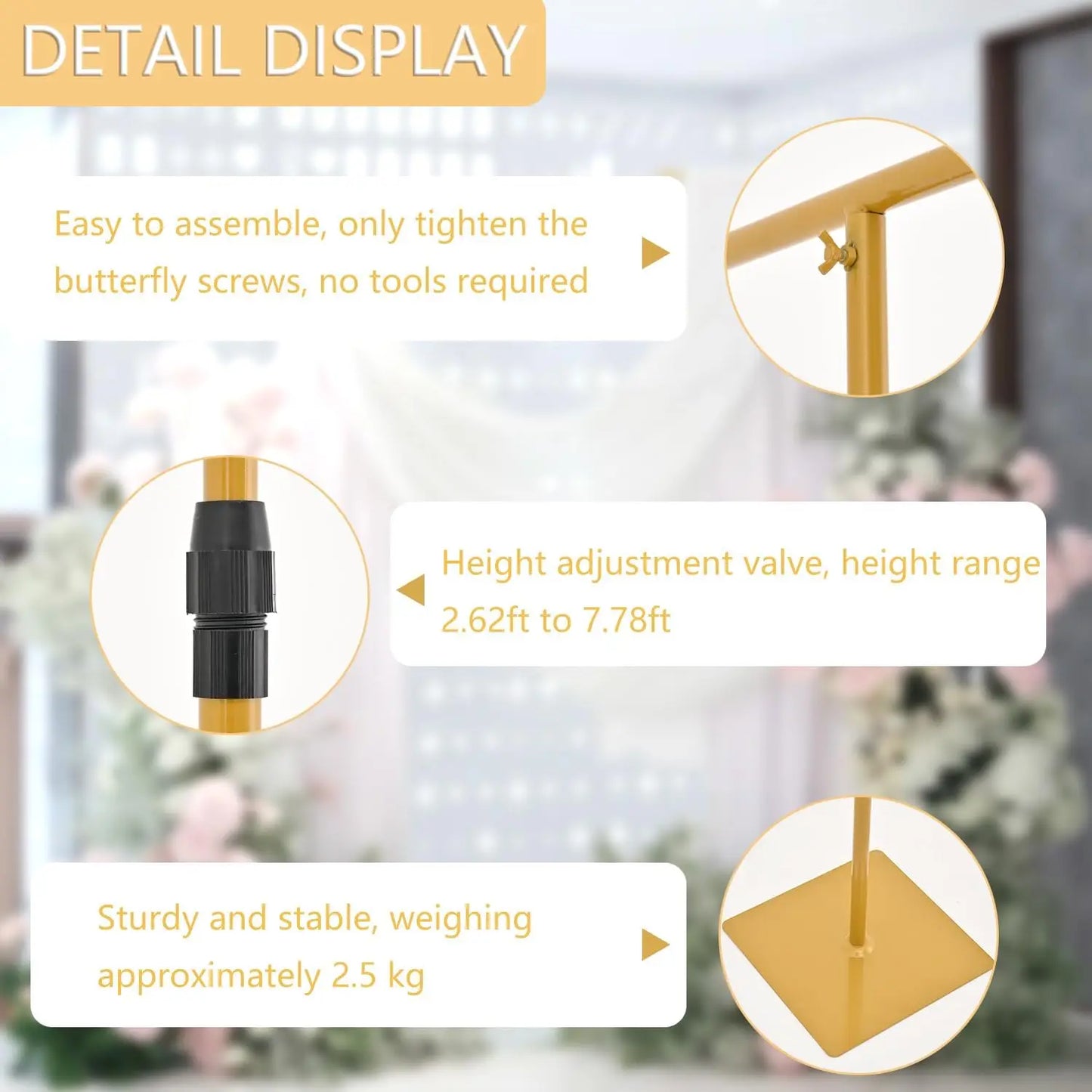 4PCS 8FT Wedding Adjustable Height Metal Backdrop Stand for Banner Sign Perfect for Party Event（Excluding gauze curtain）