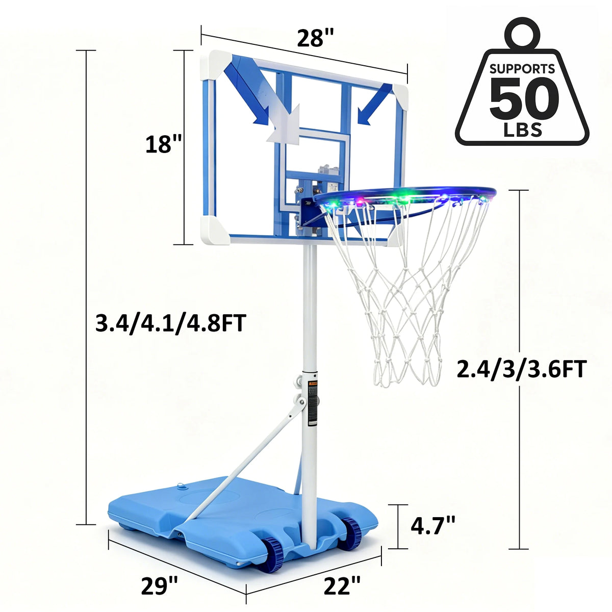 Portable Pool Basketball Hoop, Height Adjustable 57"-70" Basketball Goal with LED Lighted Rim, Rust-Proof Stand with Wheels, Outdoor/Indoor Yard Game with 2 Balls & Pump
