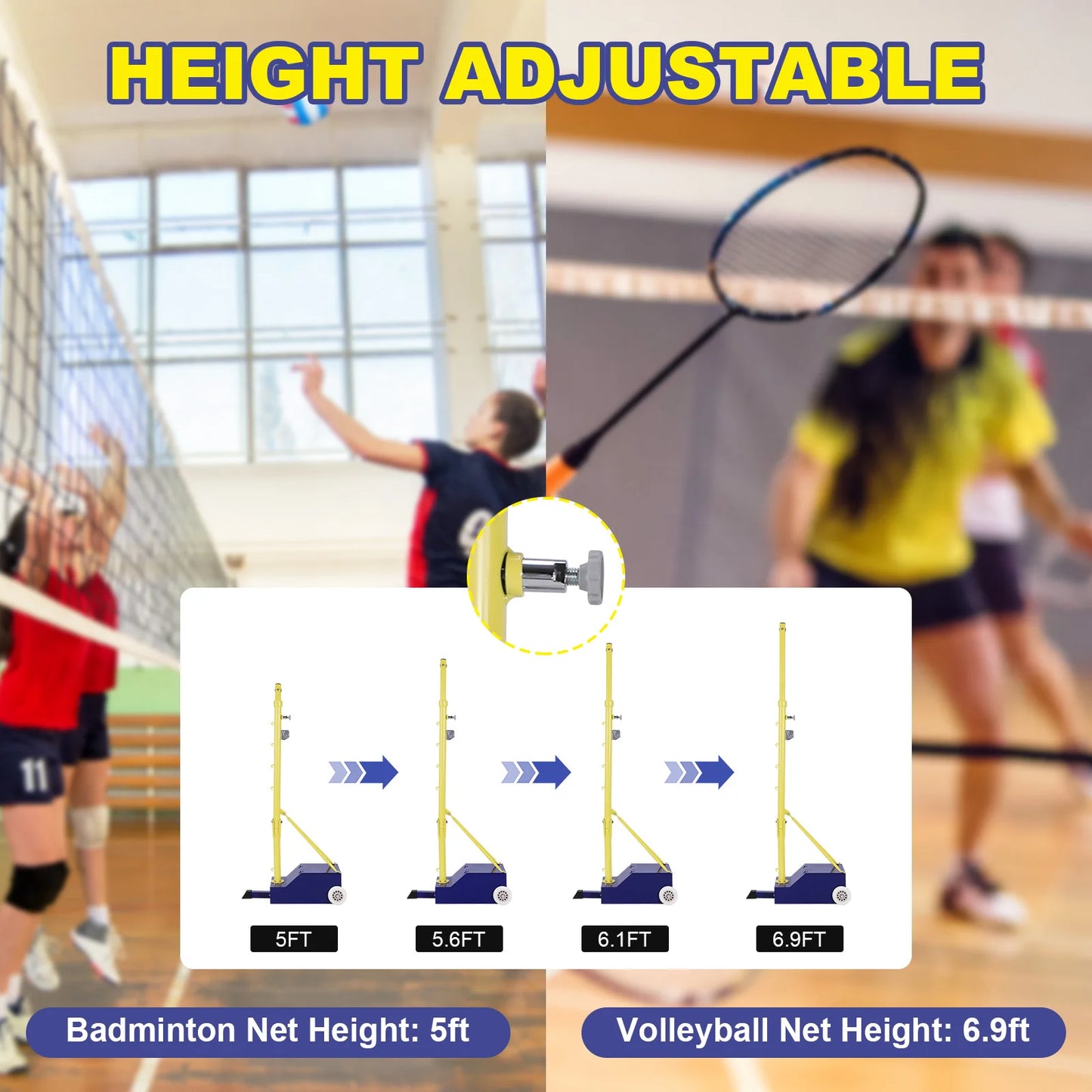 Volleyball Poles Professional Volleyball Net with Wheels & Nets 2 Height Adjustable Settings Suitable For Backyards