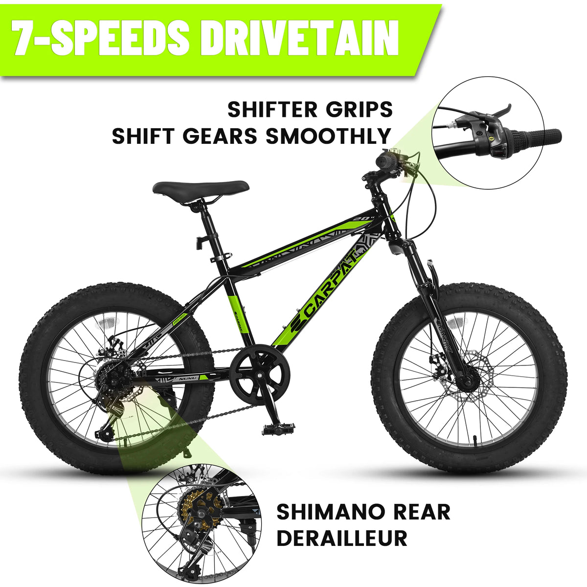 20 Inch Fat Tire Kids Mountain Bike, 4.0" Wide Non-Slip Fat Tires, 7-Speed Disc Brake, Boys Girls Outdoor Kids' Bicycles Gift