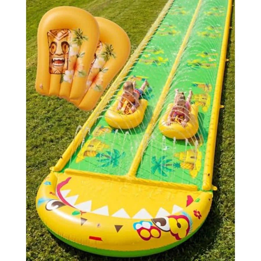 Outdoor backyard water slide for adults and kids, heavy duty PVC, yellow and green, 40×5.9FT with 3-way sprinkler and 2 boards