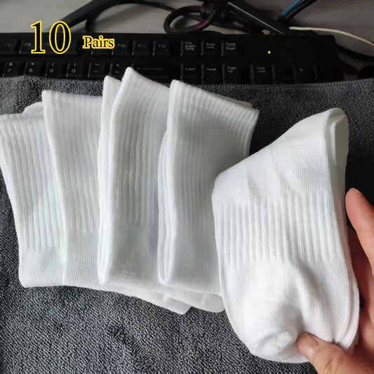 5/10 Pairs of Autumn and Winter Male Mid Length Socks, White Anti Odor, Sweat Absorbing, Breathable Men's Sports Sock
