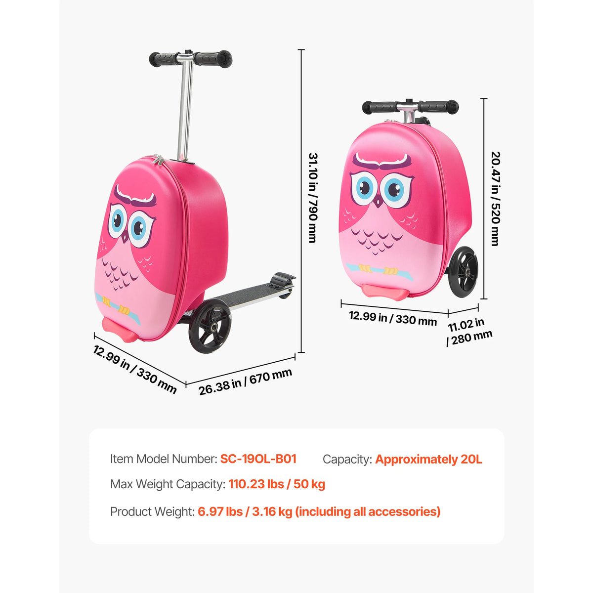 SucceBuy 20in Ride-on Luggage 20L Kids Scooter Suitcase with Flash PU Wheels & Adjustable Handle Foldable Luggage for Children