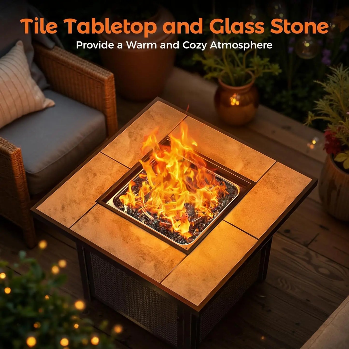Propane Gas Fire Pit Table 32 inch 50,000 BTU Square Gas Firepits for Outside, Brown