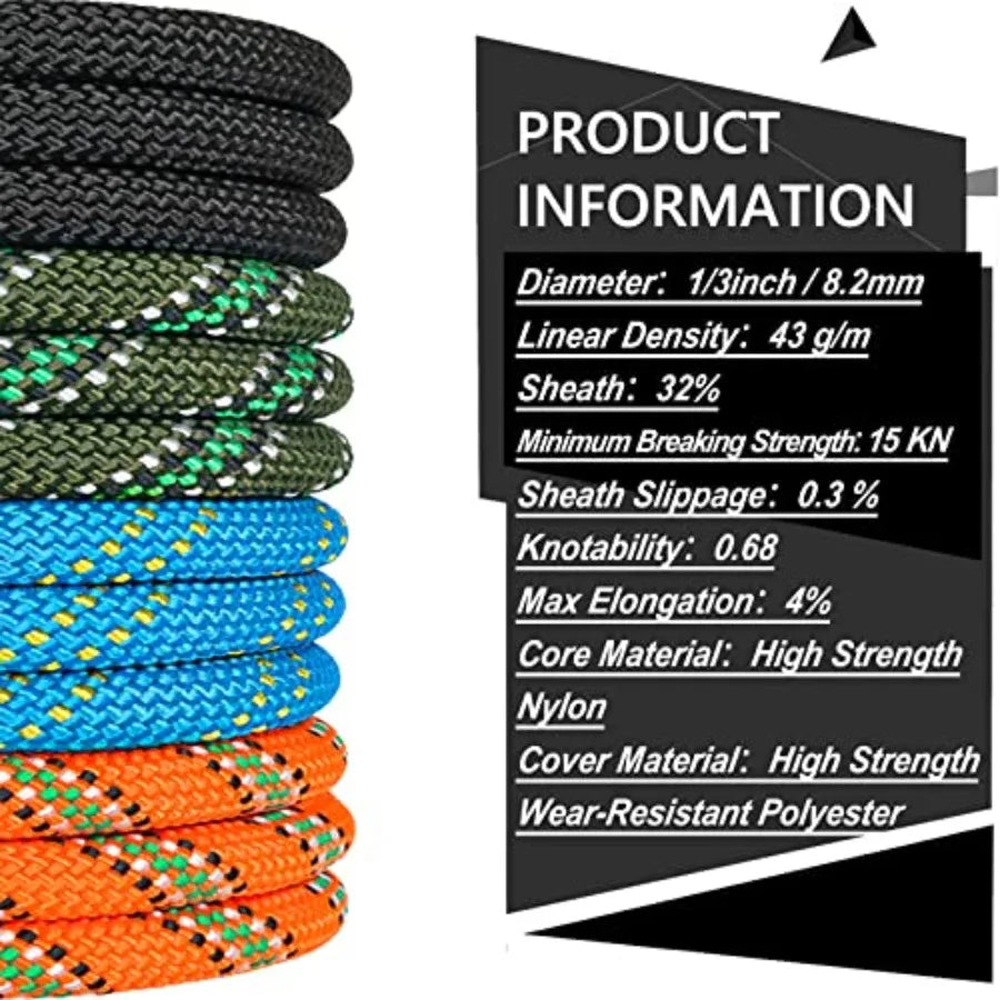 Climbing Rope 10M 20M() 30M() 50M() 8MM Static Rock Climbing Rope with 2 Steel Hooks Rappelling Rope for Outdoor Hiking Safety