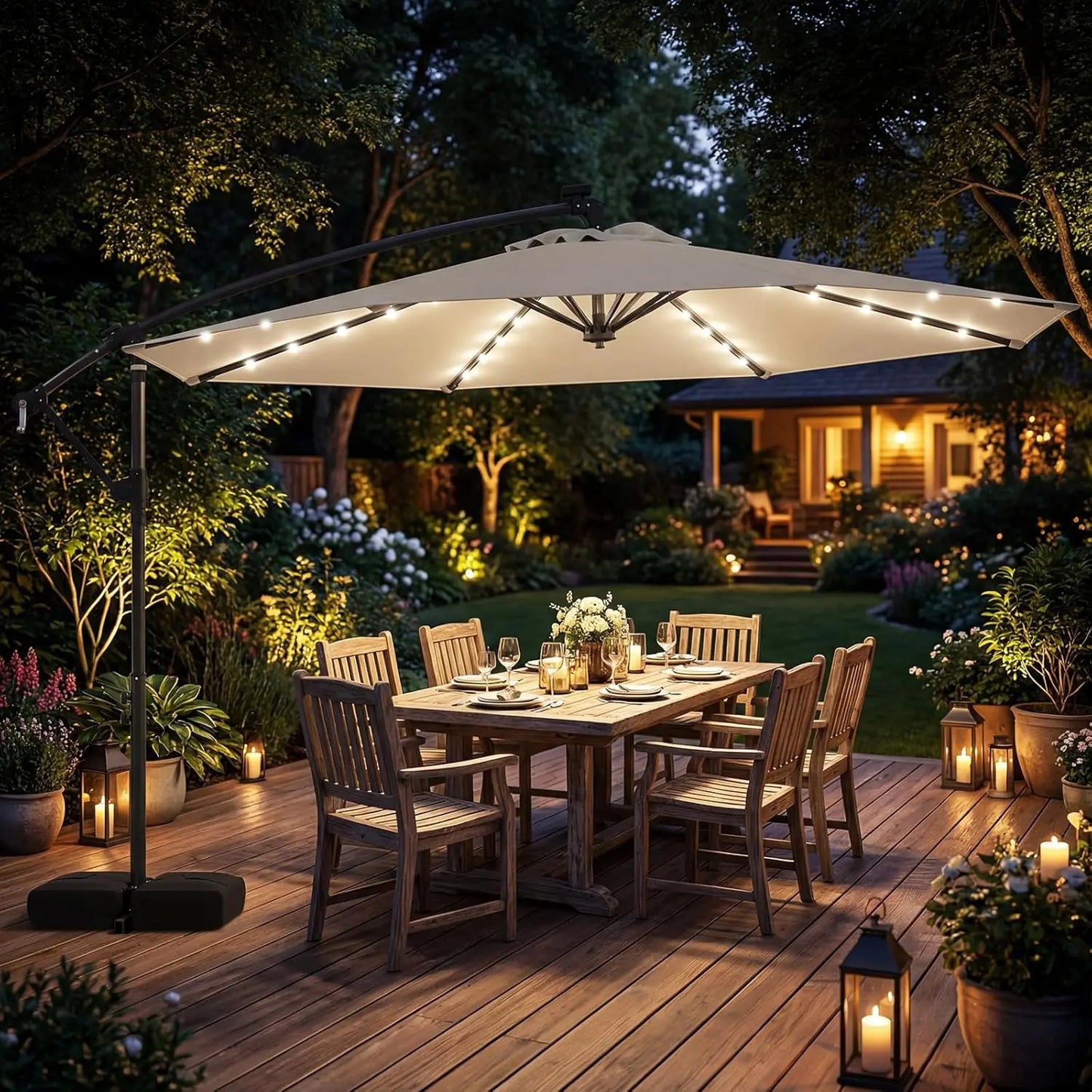 10ft Solar Patio Umbrella with Base Included, Offset Cantilever Outdoor Umbrella with 32 LED Lights, Infinite Tilt,  Customized