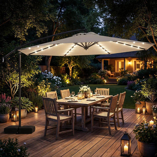 10ft Solar Patio Umbrella with Base Included, Offset Cantilever Outdoor Umbrella with 32 LED Lights, Infinite Tilt,  Customized