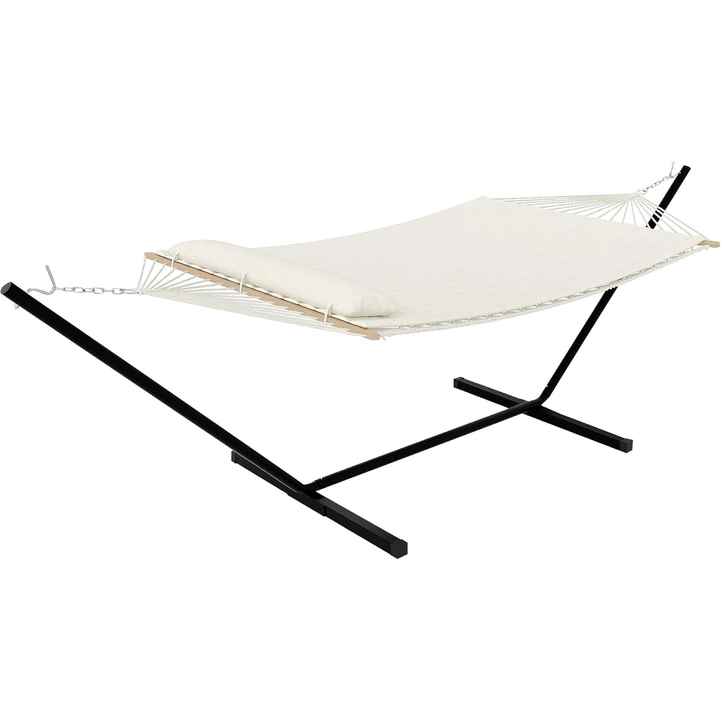 Heavy Duty Double Hammock with Stand-2 Person Cotton Rope Patio Bed,Hardwood Spreader Bars for Backyard Patio Outdoor/Indoor