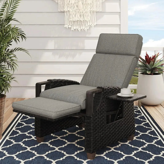 Outdoor Recliner with Independent Adjustable Back and Footrest, Air Pump 150° Lay Flat Chair With Olefin Cushion Flip-Up Table