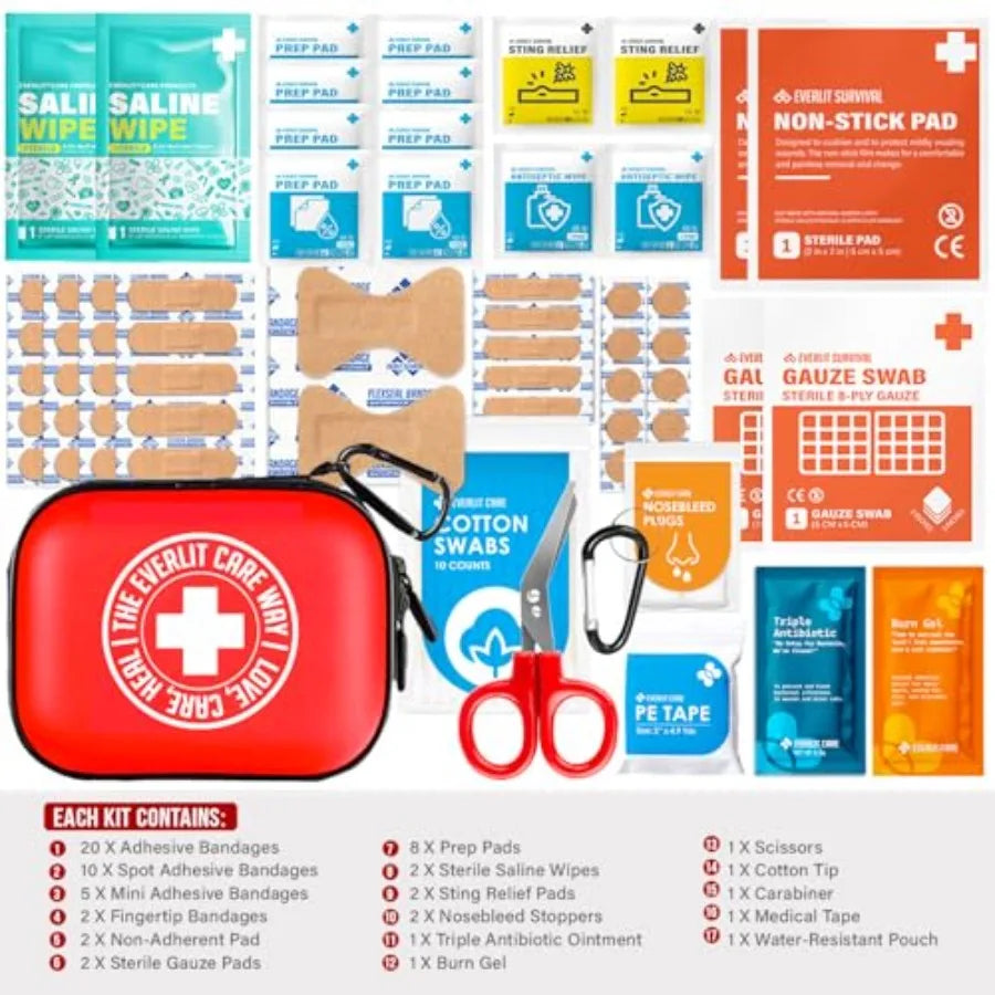 Mini-Aid First Aid Kit Compact and Lightweight Case with Carabiners for Travel Family and Kid Friendly 180 Pcs Wound Care plies