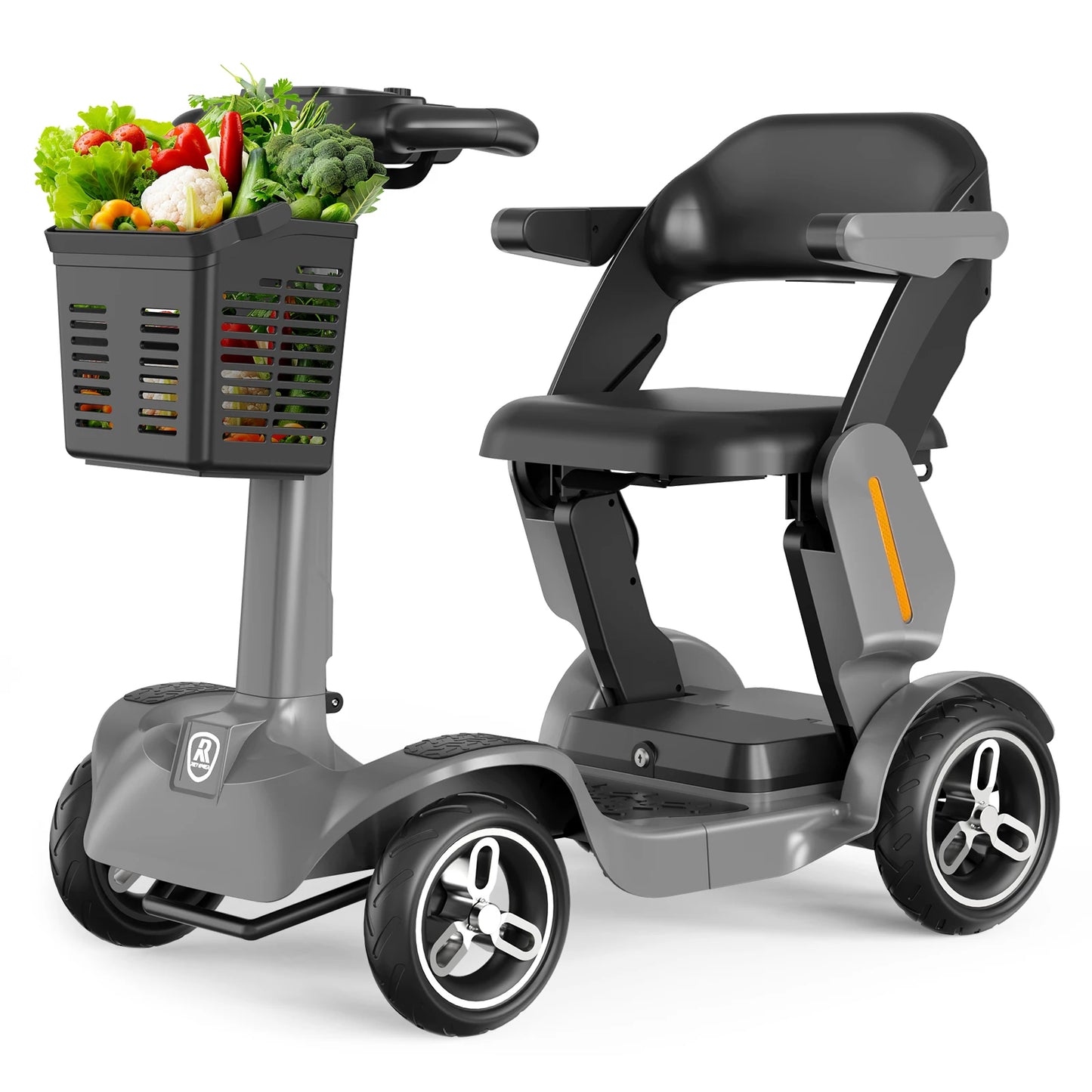 Gray Foldable Portable Mobility Scooter Lightweight All Terrain Compact Design Suitable For Seniors And Adults Easy To Fold Ideal For Travel Daily Outdoor Use Stable Comfortable Structure Easy To Control For Daily Commute And